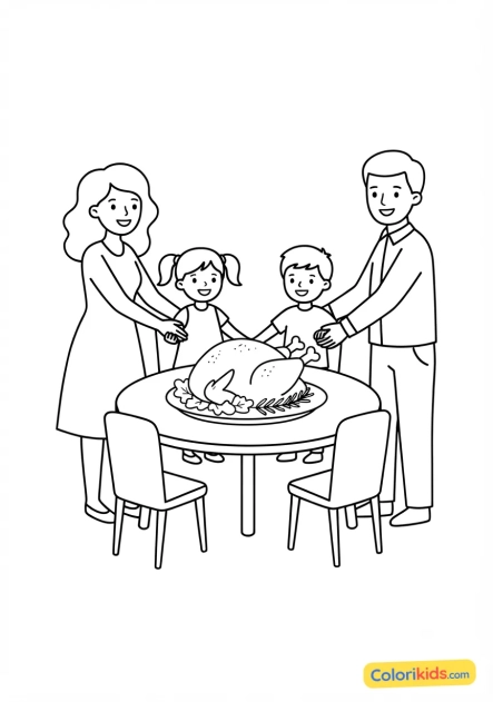 Dibujo para colorear para imprimir: familia dándose la mano alrededor de la mesa