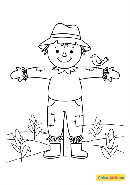 Desenho para colorir para imprimir: espantalho amigável no campo