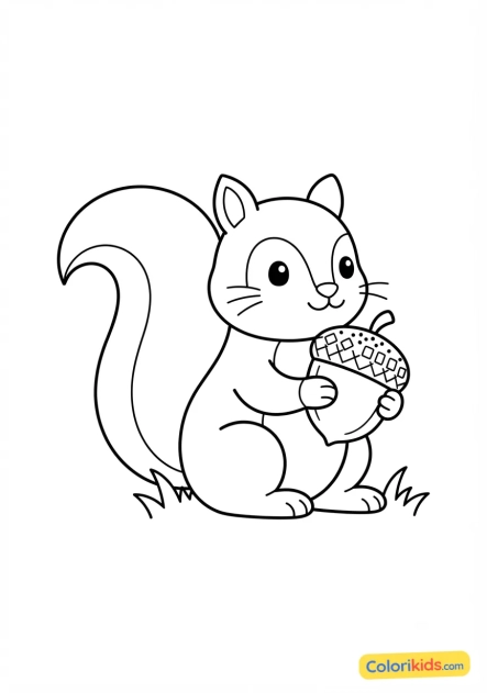 Desenho para colorir para imprimir: pequeno esquilo com uma bolota
