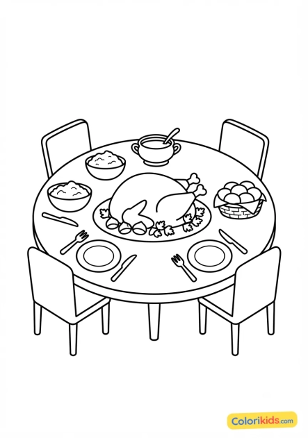 Ausmalbild zum Ausdrucken: gedeckter Tisch für das Festmahl