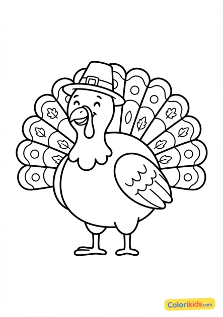 Ausmalbild zum Ausdrucken: lächelnder großer Thanksgiving-Truthan