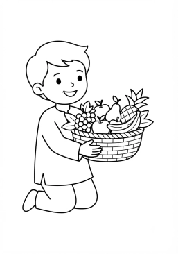 Dibujo para colorear Niño ofreciendo una cesta de frutas
