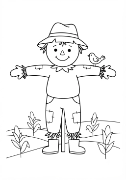 Dibujo para colorear Espantapájaros amigable en el campo