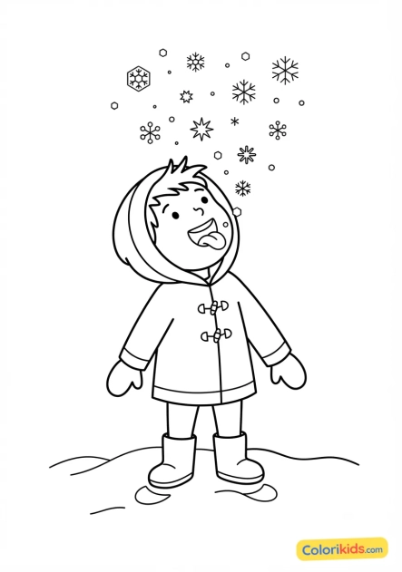 Dibujo para colorear para imprimir: niño atrapando copos de nieve con la lengua