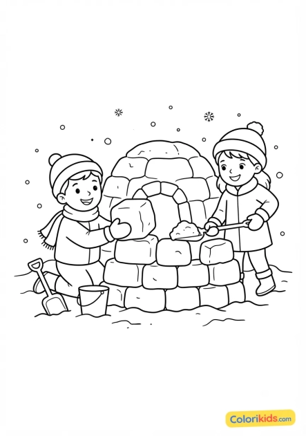 Ausmalbild zum Ausdrucken: kinder bauen eine Schneeburg