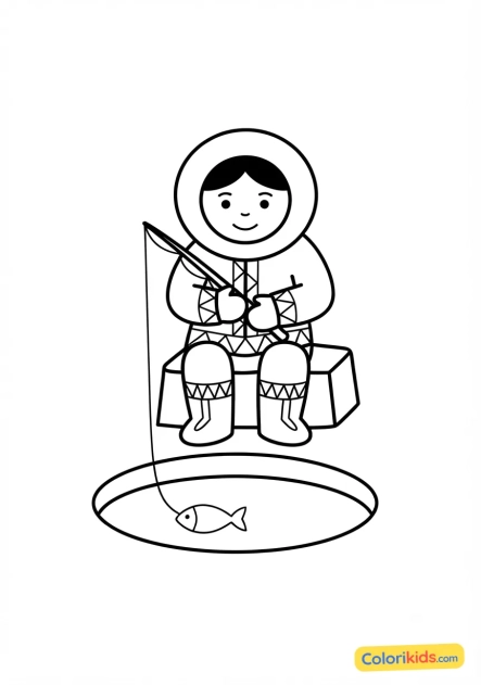 Ausmalbild zum Ausdrucken: eskimo fischt in einem Eislokal / Eisloch