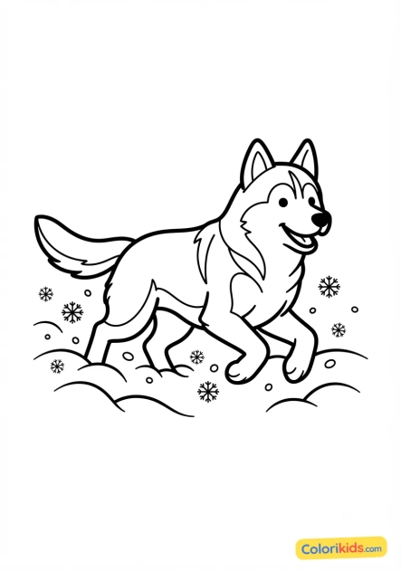 Ausmalbild zum Ausdrucken: husky-Hund läuft im Pulverschnee