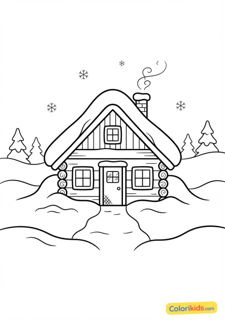 Ausmalbild zum Ausdrucken: isoliertes Blockhaus im Schnee