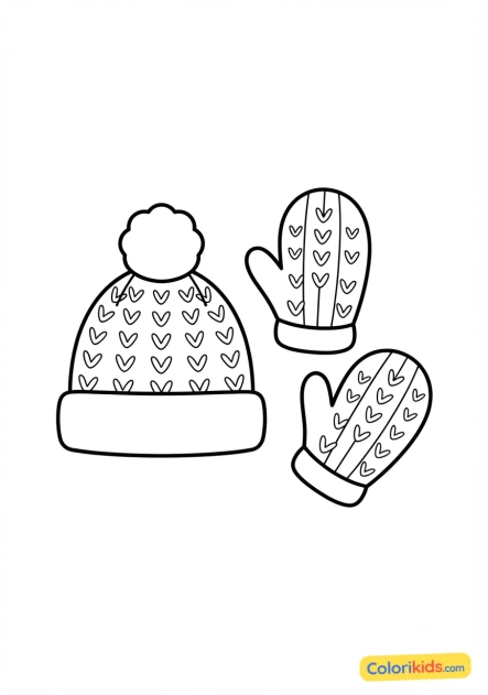 Ausmalbild zum Ausdrucken: gestrickte Fäustlinge und Mütze