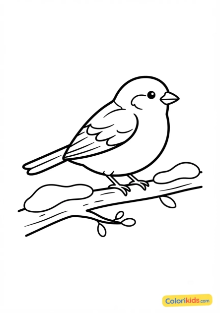 Ausmalbild zum Ausdrucken: kleiner Vogel auf einem verschneiten Zweig