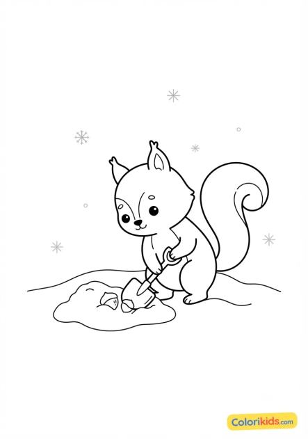 Ausmalbild zum Ausdrucken: kleines Eichhörnchen sucht Nüsse im Schnee
