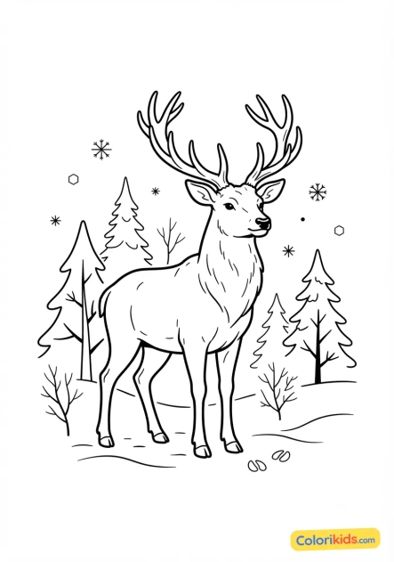 Ausmalbild zum Ausdrucken: ein majestätischer Hirsch im Winterwald