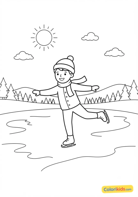 Dibujo para colorear para imprimir: patinador en un lago helado