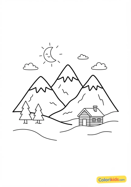 Ausmalbild zum Ausdrucken: verschneite Berglandschaft