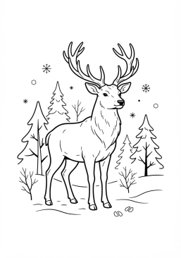 Desenho para colorir Um cervo majestuoso na floresta de inverno