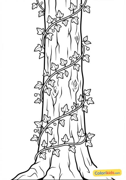 Coloriage à imprimer : lierre grimpant s'enroulant autour d'un tronc d'arbre majestueux