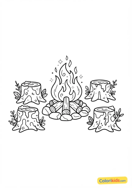 Coloriage à imprimer : feu de camp crépitant entouré de souches moussues la nuit