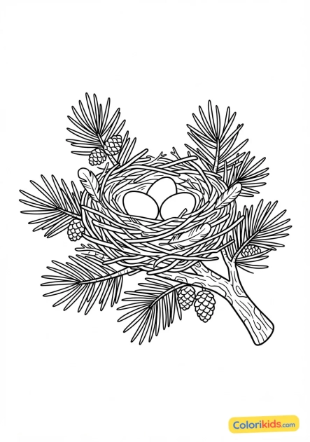 Coloriage à imprimer : nid d'oiseau délicat caché dans les aiguilles de pin