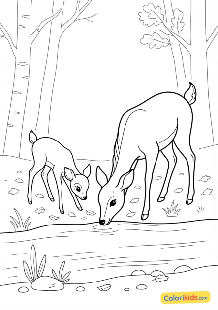 Coloriage à imprimer : biche élégante et son faon s'abreuvant à un ruisseau clair