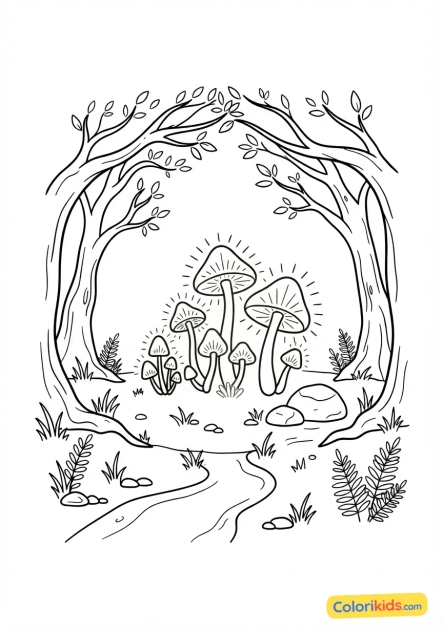 Coloriage à imprimer : clairière enchantée illuminée par des champignons luisants