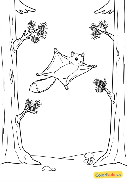 Coloriage à imprimer : Écureuil volant planchant gracieusement entre deux sapins
