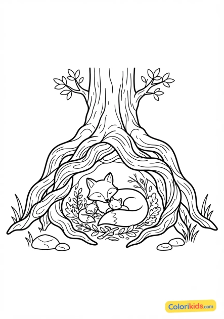 Coloriage à imprimer : tanière de renard sous les racines entrelacées d'un arbre