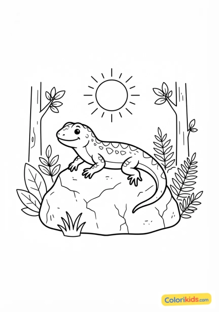 Coloriage à imprimer : lézard vert se prélassant sur une pierre chaude au soleil