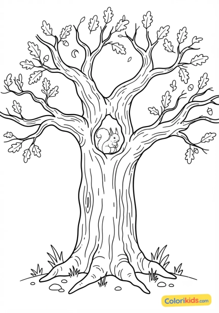 Coloriage à imprimer : imposant chêne centenaire abritant un petit écureuil roux