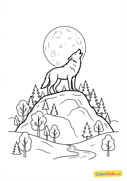 Coloriage à imprimer : loup solitaire hurlant à la lune au sommet d'une colline boisée