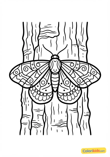 Coloriage à imprimer : papillon de nuit aux ailes graphiques posé sur une écorce