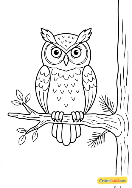 Coloriage à imprimer : hibou grand-duc mystérieux perché sur une branche nocturne