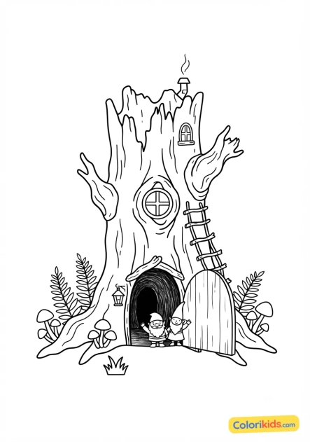 Coloriage à imprimer : ancien tronc d'arbre creux servant de maison à des lutins