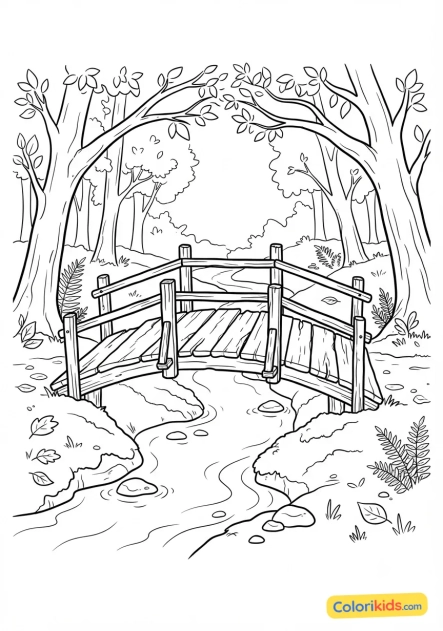 Coloriage à imprimer : vieux pont de bois vermoulu enjambant un ruisseau moussu