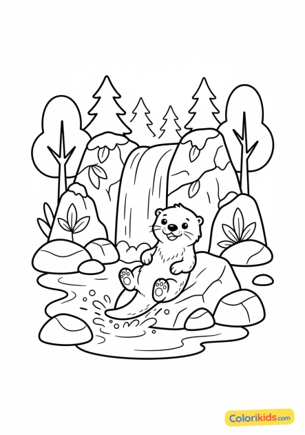 Coloriage à imprimer : loutre joueuse près d'une cascade cachée au fond des bois