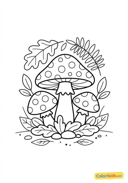 Coloriage à imprimer : champignons vénéneux rouges à pois blancs sous un sous-bois