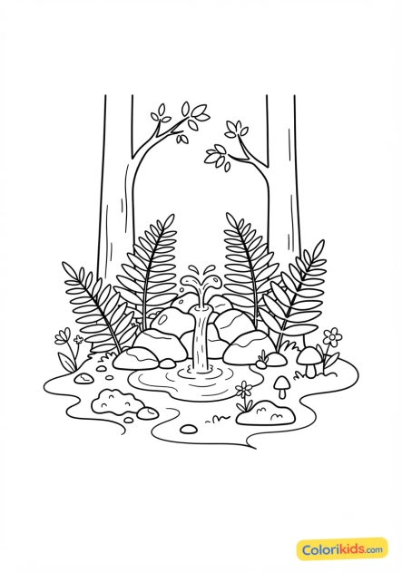Coloriage à imprimer : petite source d'eau claire jaillissant entre des fougères