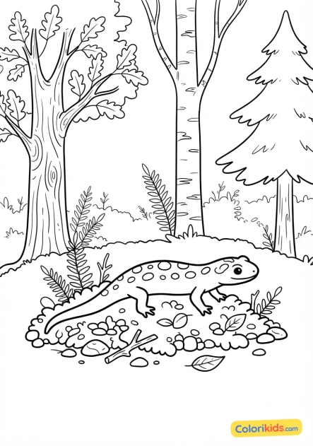 Coloriage à imprimer : petite salamandre tachetée avançant lentement sur la mousse