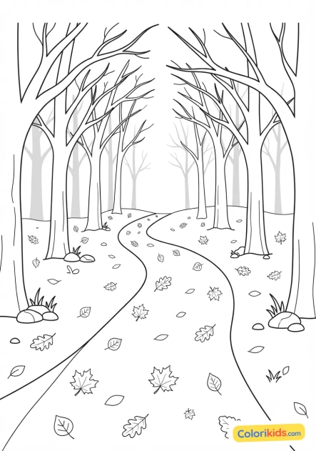 Coloriage à imprimer : chemin sinueux recouvert de feuilles mortes en automne