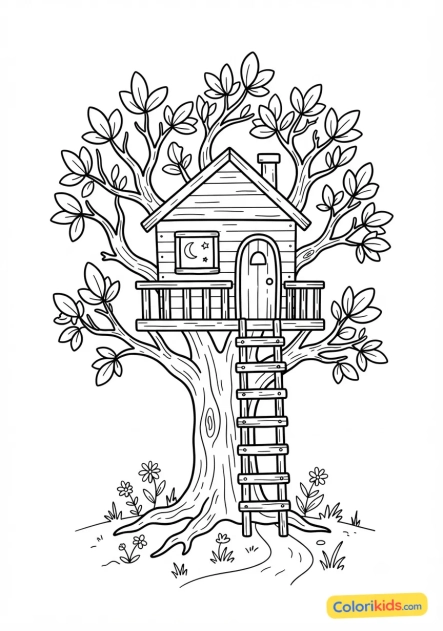 Coloriage à imprimer : cabane en bois perchée dans les branches d'un grand arbre