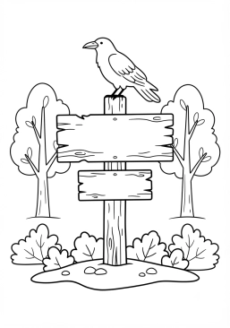 Voir le coloriage Corbeau noir perché sur un panneau indicateur en bois vermoulu
