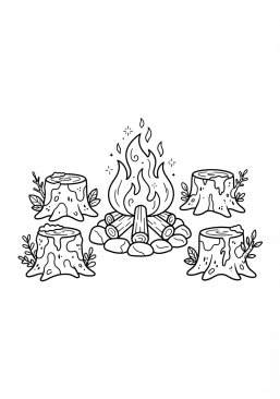 Voir le coloriage Feu de camp crépitant entouré de souches moussues la nuit