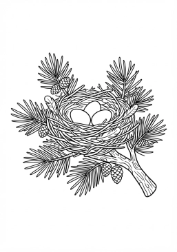Voir le coloriage Nid d'oiseau délicat caché dans les aiguilles de pin