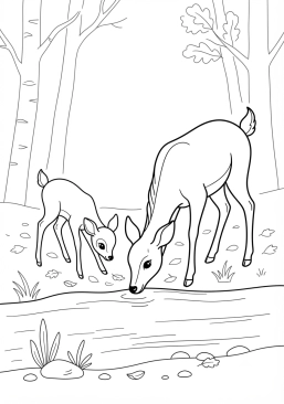 Voir le coloriage Biche élégante et son faon s'abreuvant à un ruisseau clair