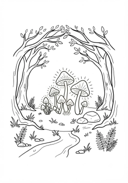 Voir le coloriage Clairière enchantée illuminée par des champignons luisants