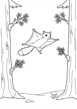 Voir le coloriage Écureuil volant planchant gracieusement entre deux sapins