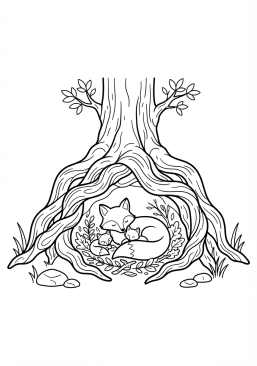 Voir le coloriage Tanière de renard sous les racines entrelacées d'un arbre