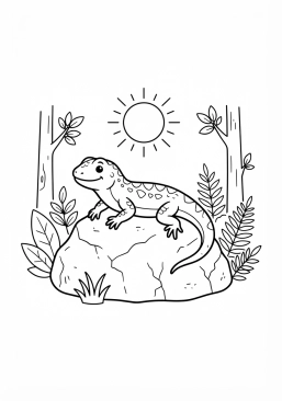 Voir le coloriage Lézard vert se prélassant sur une pierre chaude au soleil