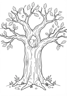 Voir le coloriage Imposant chêne centenaire abritant un petit écureuil roux