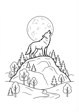 Voir le coloriage Loup solitaire hurlant à la lune au sommet d'une colline boisée