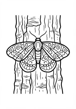 Voir le coloriage Papillon de nuit aux ailes graphiques posé sur une écorce